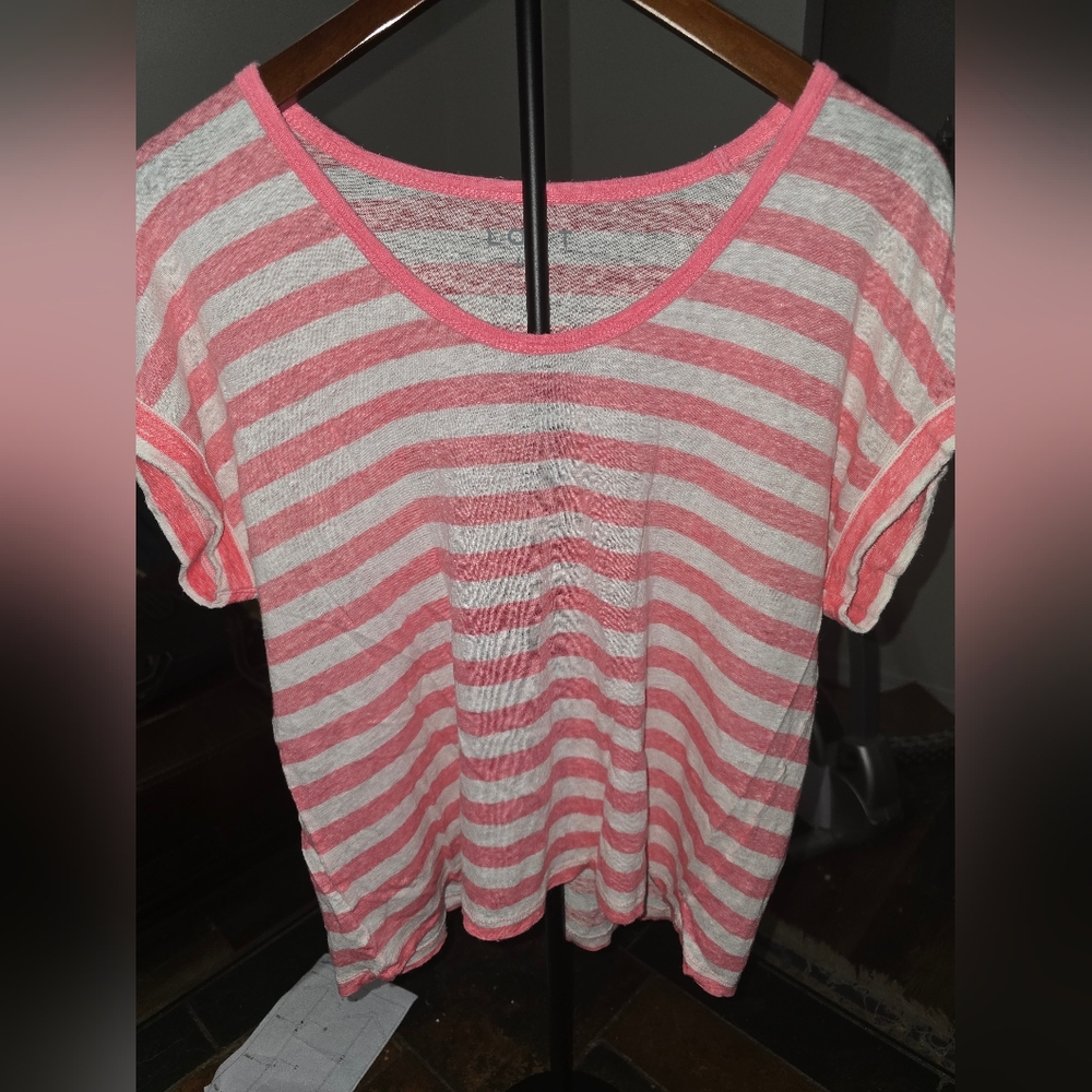 LOFT Pink and White Striped Short Sleeve Tee Sz L 0258